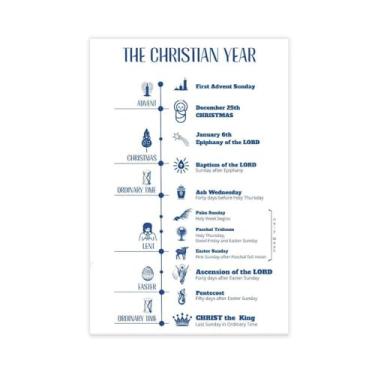 Imagem de KERAXL Pôster de calendário litúrgico católico - arte de parede com infográfico de ano cristão, decoração de sala de aula, tinta azul sobre branco estilo sem moldura 12 x 18 polegadas (30 x 45 cm)