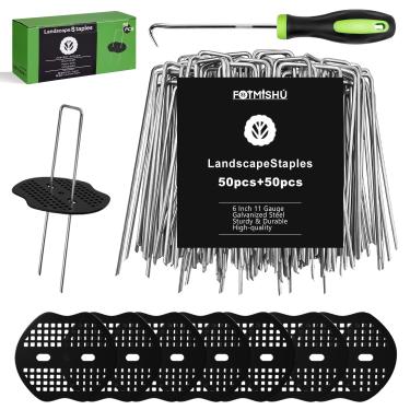 Imagem de FOTMISHU Grampos de paisagem, 15 cm, 50 peças de estacas de jardim + 50 peças, pinos de gramado galvanizados, revestimento de pulverização calibre 11, pontas de terra, grampos tipo U para ancoragem de barreira de ervas daninhas, mangueiras de barracas ao ar livre