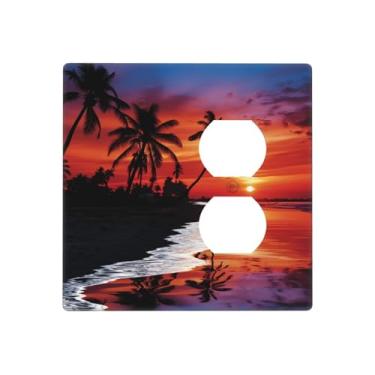 Imagem de Placa de parede com impressão de palmeiras ao anoitecer, capa decorativa de interruptor de luz dupla com interruptor de luz resistente à temperatura, interruptores de fazenda, placa frontal para