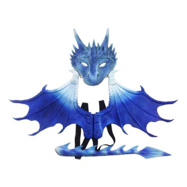Imagem de KiBcsLic Fantasia de dragão para crianças, conjunto de máscara e asas de dinossauro, brinquedo de faz de conta, Halloween, fantasia para apresentação de palco, Azul
