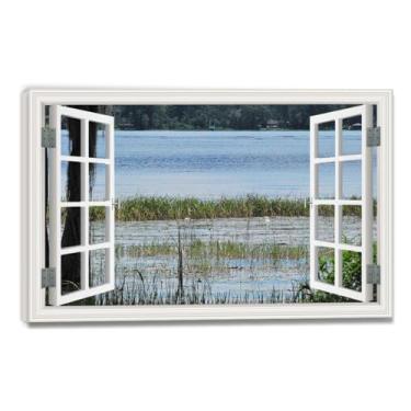 Imagem de LKXGRRSFG Impressão em tela Lush Water PlantsFaux Window Nature Scene – Arte de paisagem realista para decoração de parede de casa 7 x 30 cm