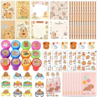 Imagem de 96Pcs Capybara Party Stationery Favors with Mini Notepads Sticky Note Pencils Erasers Stampers Stickers Paper Eyeglasses and Goodie Bags for Capybara Themed Birthday Party Decorations Supplies