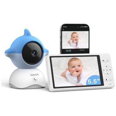 Imagem de Babá Eletrônica com Câmera 2K, Monitor de Tela Colorida, 360 Graus de Visão, Ruído Branco e Canções, WUUK, Branca e Azul