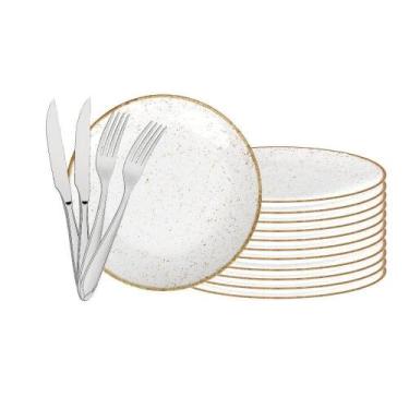 Imagem de Jogo De Pratos Rústico 12pç Porcelana 28cm Com Talheres Laguna Tramont
