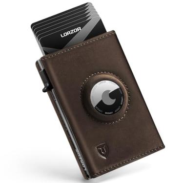 Imagem de LORZOR Carteira AirTag – couro de flor integral, carteira masculina minimalista com suporte para Apple Air, capa para cartão pop-up inteligente, janela para identidade, bloqueio RFID, bolso frontal