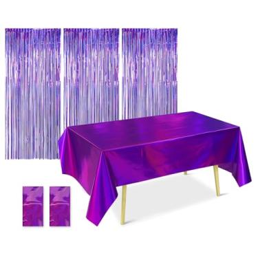 Imagem de DS. DISTINCTIVE STYLE Toalha de mesa brilhante a laser com franja de alumínio metálico para decoração de festa para aniversário de casamento conjunto de 5 (2 toalhas de mesa + 3 enfeites metálicos