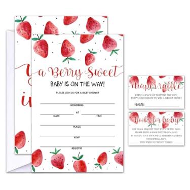 Imagem de Conjunto de 25 convites para chá de bebê com envelopes, bilhetes de sorteio de fraldas e cartões de solicitação de livro de chá de bebê, Berry sweet