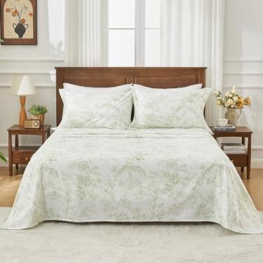 Imagem de Kingrest Jogo de cama solteiro 100% algodão - 4 peças de lençóis leves e refrescantes, bolso profundo de 40,6 cm, roupa de cama percal respirável, lençóis luxuosos macios e duráveis (folhas verdes)