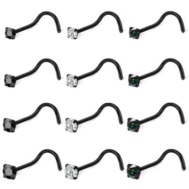 Imagem de Ovxznts Anel de nariz preto aço cirúrgico piercing de nariz 20G 18G em forma de L piercings de narina zircônia cúbica piercing de narina joias para mulheres e homens, 9 peças, Metal Cristal, Zircônia