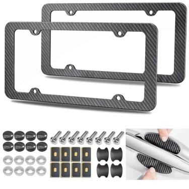 Imagem de Molduras de placa de carro de fibra de carbono - Suporte de etiqueta de carro de plástico preto, pacote com 2 4 furos, suporte frontal traseiro com tampas de parafuso e adesivos de maçaneta de porta