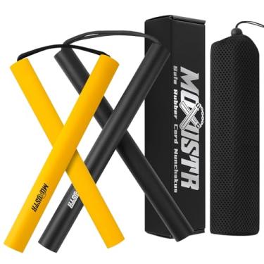 Imagem de MOXIISTR Cordão de espuma de borracha seguro Nunchakus Karate Nunchucks atualizado para iniciantes prática e treinamento, pacote com 2 (preto, amarelo curto)