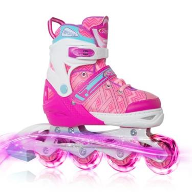 Imagem de Nattork Patins em linha ajustáveis para meninas pequenas com rodas iluminadas - Patinação rosa para iniciantes tamanho 1 2 3 4 idades 7 8 9