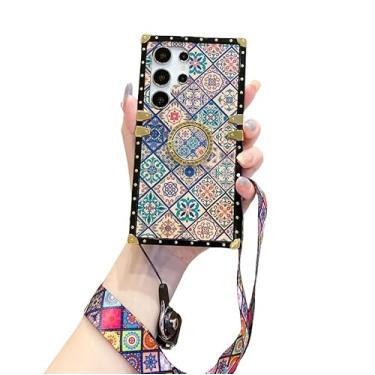 Imagem de Capa de telefone de luxo para Samsung S24ultra com suporte de anel padrão de estilo nacional ouro metal proteção de canto alça de cordão para Samsung S24ultra capa flores azuis