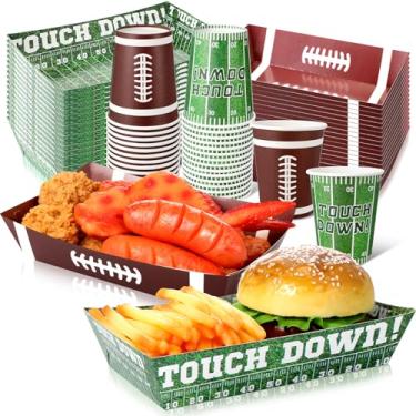 Imagem de LemonRoad Kit de 100 peças de artigos de festa de futebol inclui bandejas descartáveis de papel de futebol, barcos de servir e copos de papel para eventos de porta traseira, decoração de aniversário