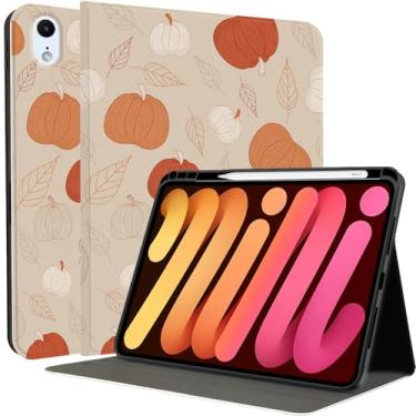 Imagem de MAYCARI Capa de outono marrom folhas abóboras iPad para iPad Mini 6 2021 8,3 polegadas com suporte para lápis feito à mão iPad Mini 6ª geração capa protetora para iPad outono fino capa rígida