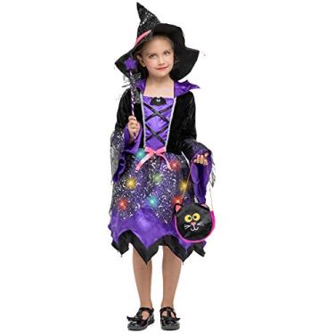 Imagem de #NA Girls Conjunto de fantasia infantil de bruxa iluminada para Halloween (Roxo #2, 7-9 anos)