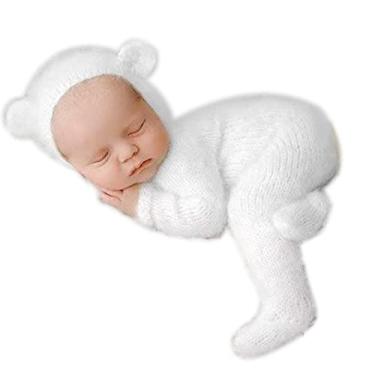 Imagem de Ederafoto 2 Peças Acessórios Para Fotografia De Recém-Nascidos, Roupas Meninos, Poses Fotos, Fantasia Bebê, Macacão Crochê Meninas, Chapéu Urso (Branco)