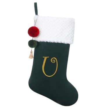 Imagem de Pxniy Meia de Natal de veludo personalizada de 49,5 cm com iniciais bordadas - meias de lareira, decoração de festa de Natal em família (Verde U)