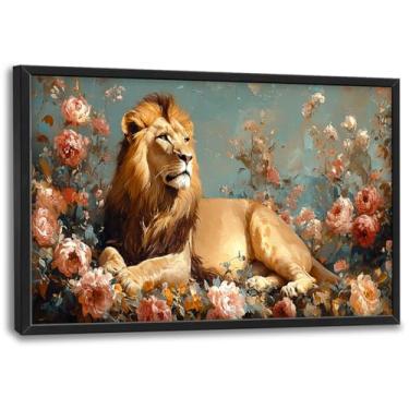 Imagem de Arte de parede grande de leão vintage imagens de flores de animais decoração de parede tela de vida selvagem pintura de paisagem arte moderna decoração de casa para sala de estar banheiro quarto