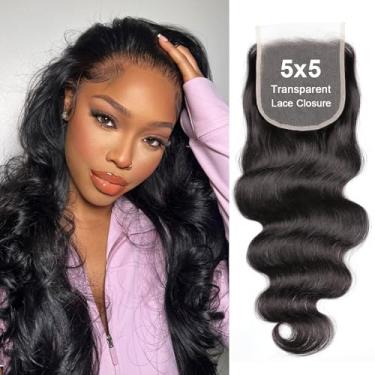 Imagem de 12 x 5 transparente HD Lace Body Wave Hair Front Closure - Renda invisível, cabelo humano Remy virgem brasileiro 12A, pré-arrancado, preto natural, 45,7 cm