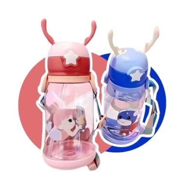Imagem de Garrafa Infantil Bebê Alce com Tampa e Alça Antivazamento 600ml Azul Rosa