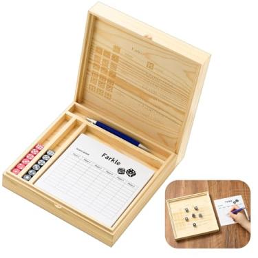 Imagem de 8.66 Inch Farkle Wooden Dice Tray and Storage Case with Lid Printed Rules Classic Board Game Set Includes 2 Sets of 6 Pearl Dice, 50 Scoreboard and Pen 1 Pen for Classic Family Game Wood Color