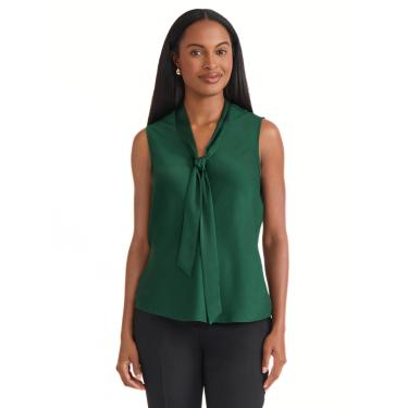 Imagem de Kasper Blusa feminina pequena sem mangas de cetim com laço frontal, perene