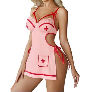 Imagem de Avidlove Lingerie feminina Babydoll vestido com fio dental sexy, fantasia de dramatização, fenda lateral, rosa, M