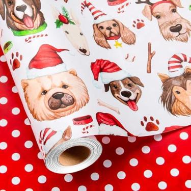 Imagem de MAYPLUSS Rolo de papel de embrulho de Natal - 43 cm x 80 metros - chapéu de cachorro fofo reversível papel de embrulho de bolinhas, papel de embrulho grosso para festas de fim de ano, crianças