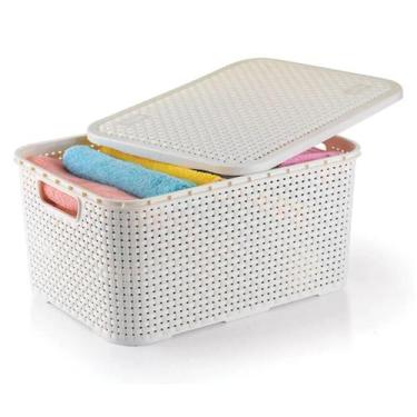 Imagem de Caixa Organizadora Rattan Grande Branco 16 Litros Com Tampa - Nitron