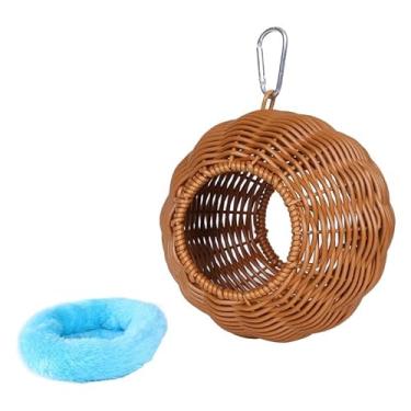 Imagem de Bothyi de pássaro de vime artificial pendurado, cama de rede, cabana, presente, casa de tecida à mão com almofada para gaios-azuis, pássaros, Dois Buracos Azul