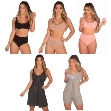 Imagem de Kit 3 Sutiã de Amamentação +3 Calcinha Cós Alto Pós Parto +1 Camisola 