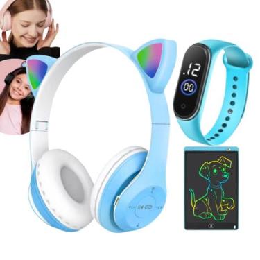 Imagem de Fone Ouvido Gatinho Bluetooth relógio Led lousa Magica Lcd dia das cri