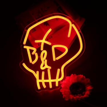 Imagem de KODGGHK Sinais de néon de caveira para decoração de parede, placa neon regulável LED neon sinais de cabeça de esqueleto decoração de parede placa de luz neon led para quarto homem caverna bar de