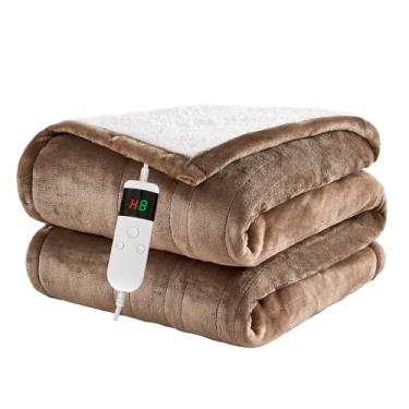 Imagem de Cobertor elétrico aquecido, cobertor de flanela macia com 8 horas de desligamento automático, 10 níveis de aquecimento rápido, lavável na máquina, cobertor aquecido sherpa com proteção contra