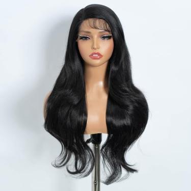Imagem de Rebecca Q Perucas longas onduladas para mulheres, parte lateral, peruca frontal de renda, peruca em camadas com cabelo de bebê, perucas sintéticas pretas longas para festa cosplay diária 71 cm