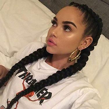 Imagem de 1B # Perucas de renda com tranças duplas longas pretas pretas trançadas sintéticas pretas pré-arrancadas, linha do cabelo natural, realista, sem cola, fibra resistente ao calor, cosplay festa 61 cm