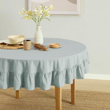 Imagem de MONDAY MOOSE Toalha de mesa rústica de algodão lavado em pedra natural com babados Farmhouse para cozinha, sala de jantar, restaurante (152 cm redonda, azul ardósia)