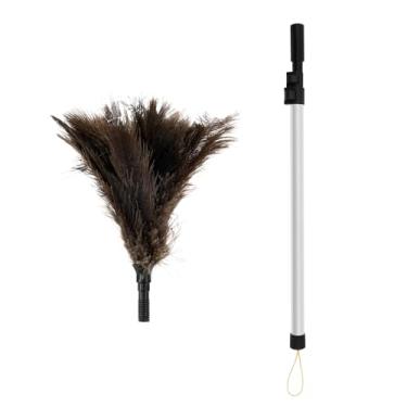 Imagem de Espanador de penas retrátil multifuncional - Penas de avestruz genuínas com cabeça dobrável, aço inoxidável antiestático, reutilizável e ecológico para limpeza de teto, ventilador, móveis