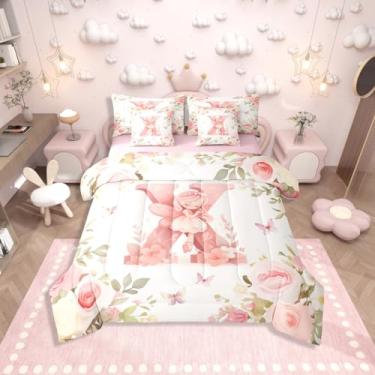 Imagem de Erosebridal Conjunto de cama casal feminino com letra X, 7 peças, rosa sonhadora, cama de fada em uma bolsa com lençóis, conjunto de edredom floral romântico para crianças, meninas e mulheres