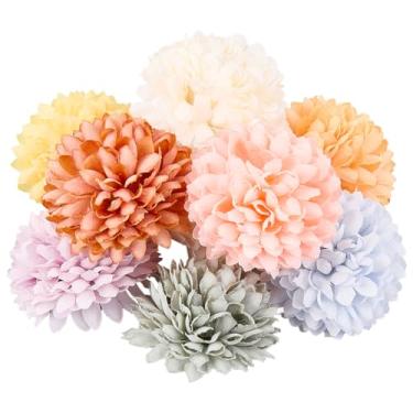 Imagem de CREATCABIN 20 peças 10 cores bola de crisântemo ornamentos de flores artificiais 4 cm x 3 cm pano multicolorido primavera buquê floral sem haste cabeças de margaridas falsas para escritório, decoração