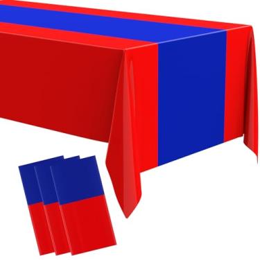 Imagem de Oudain 3 toalhas de mesa descartáveis de plástico 137 x 274 cm para mesas retangulares à prova d'água para decoração de festa de formatura, chá de bebê, casamento, aniversário (vermelho, azul)