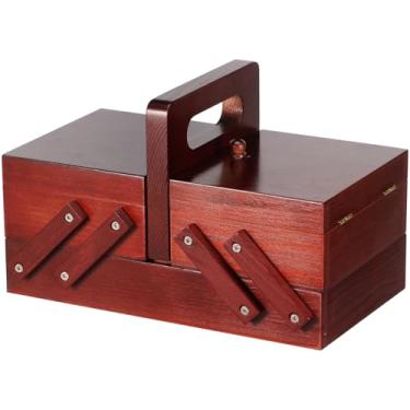 Imagem de DJAPWPX Cesto de costura de madeira com alça, caixa de costura expansível sem conteúdo, caixa de artesanato multifuncional para viagens em casa e emergência (vinho vermelho)