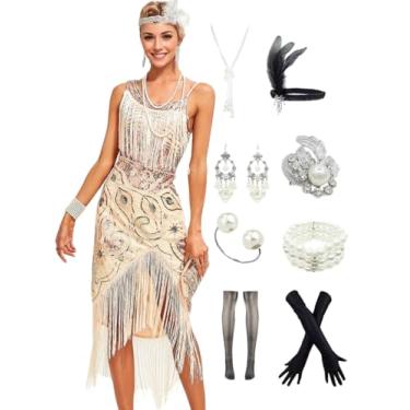 Imagem de Vestido feminino estilo melindrosa, estilo anos 20, Gatsby, com franjas, vestido de coquetel para dança e dança com conjunto de acessórios anos 20, Style C Gold, Large