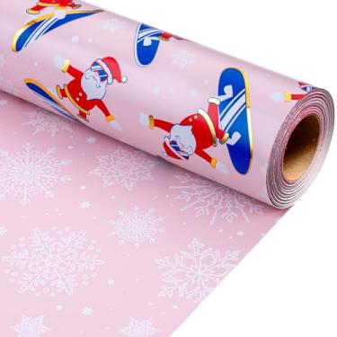 Imagem de MAYPLUSS Rolo de papel de embrulho de Natal reversível, papel de embrulho rosa para meninas, papel de embrulho de presente de inverno com estampa de Papai Noel atlético, Papai Noel para patinação