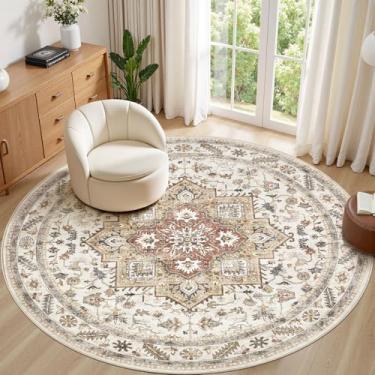 Imagem de Tapete redondo vintage para sala de estar de 2,4 m - 20 x 20 cm grande macio lavável oriental tradicional envelhecido tapetes de casa de fazenda para quarto - carpete de piso interno para decoração de