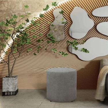 Imagem de Puff Banqueta Decoratico Redondo Em Tecido Linho Pé Plastico Triunfo Viena Cinza