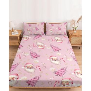 Imagem de Ruian Store Jogo de lençol com elástico de 12,7 a 40,6 cm, lençol com elástico alto, árvore de Natal rosa, macio, flocos de neve de inverno, sem costura, lençol com elástico e fronha