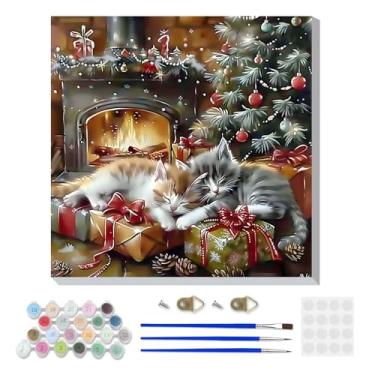Imagem de DOMROM Kit de pintura emoldurada de Natal por números para adultos com cavalete de madeira, kit de pintura de dois gatos fofos por números para iniciantes, kits de pintura a óleo DIY para decoração de