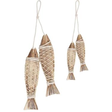 Imagem de Chihutown 4 peças de decoração de peixe de madeira esculpida à mão, 2 conjuntos de decoração vintage de peixe pendurado, decoração de peixes para banheiro com rede (madeira natural)